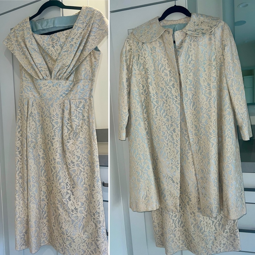 Vintage Lace Two Piece Dress & Coat in Ivory and Pale Mint Green-JACKIE KENNEDY